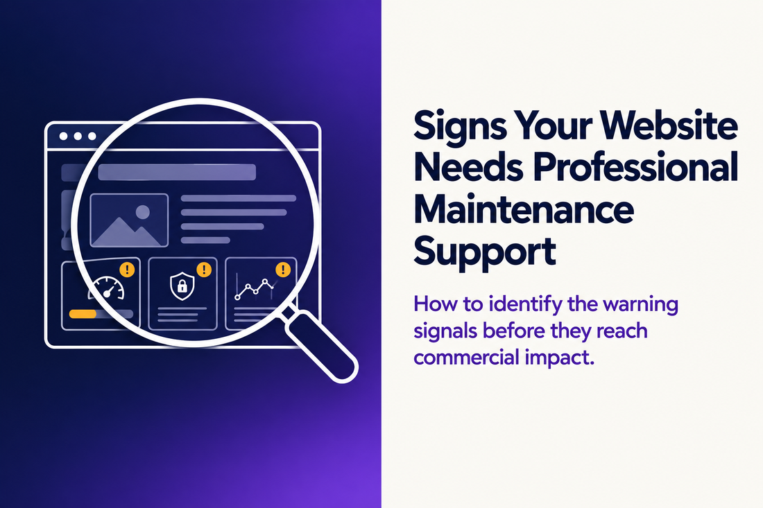 Signs your website needs professional maintenance support - diagnostic indicators including Core Web Vitals decline, app conflicts, and checkout errors, addressed by Savlo's maintenance plans.
