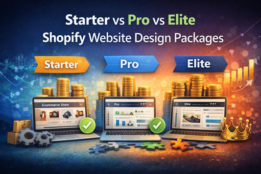 Starter vs Pro vs Elite Shopify website design packages compared with visual examples of ecommerce store layouts and growth levels