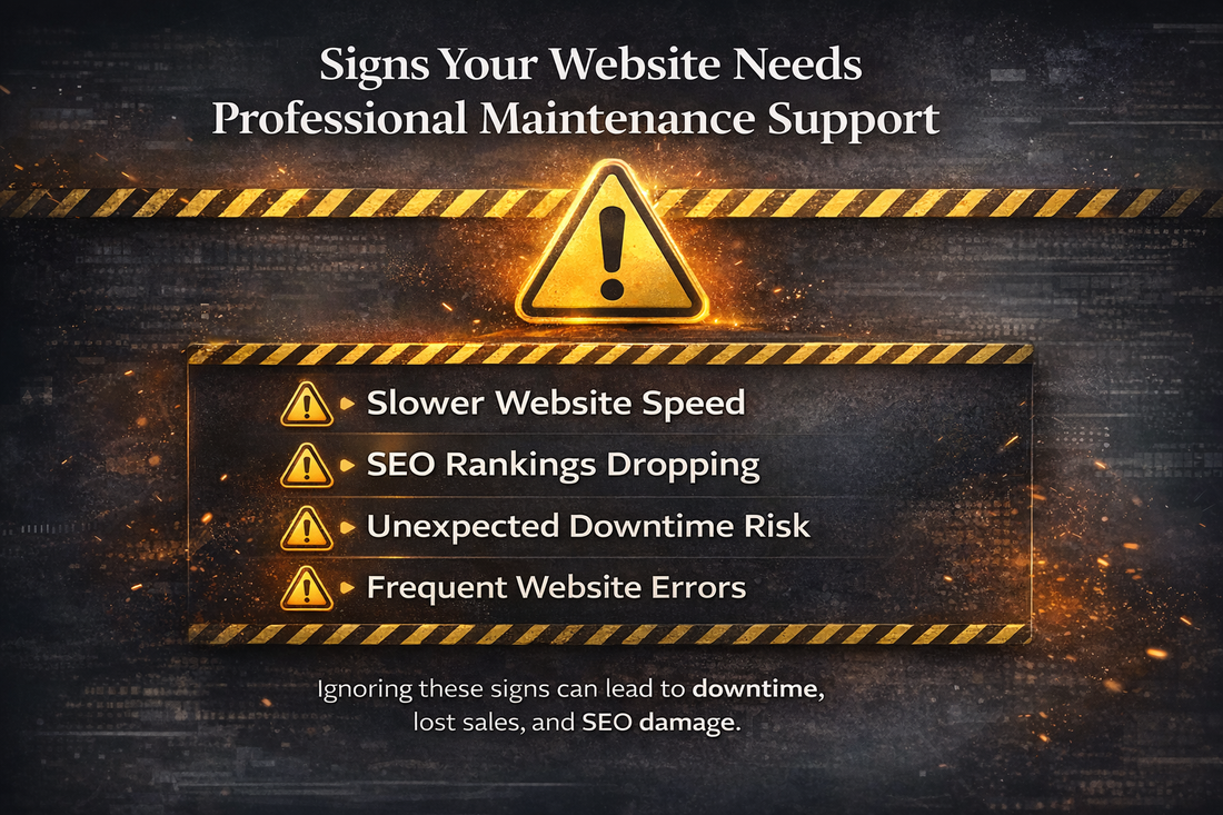 Warning signs website maintenance banner with caution icon highlighting slow speed, SEO drops, downtime risk, and website errors