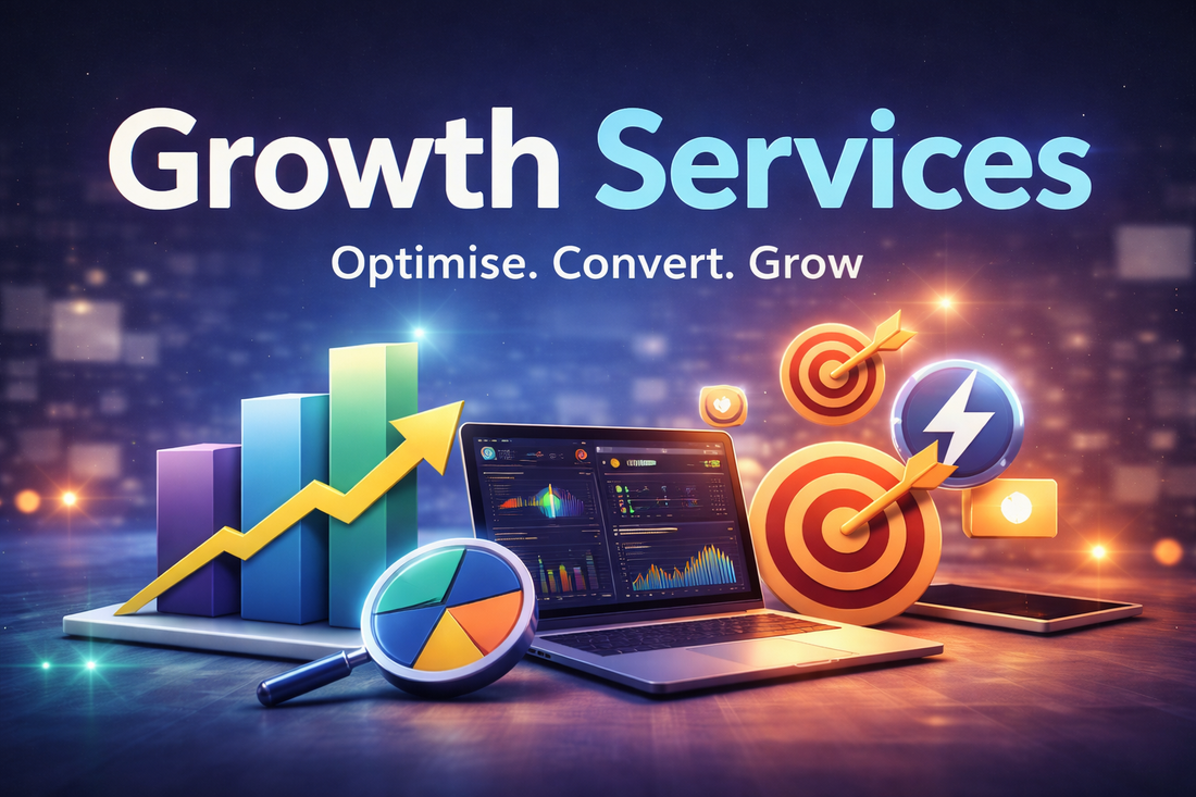 Website growth services banner showing analytics dashboard, performance graphs, and conversion optimisation visuals.