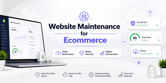 Website Maintenance for Ecommerce banner with performance dashboard, security checks, and optimisation features for online stores