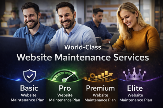 Professional website maintenance services team working on laptops in a modern office environment