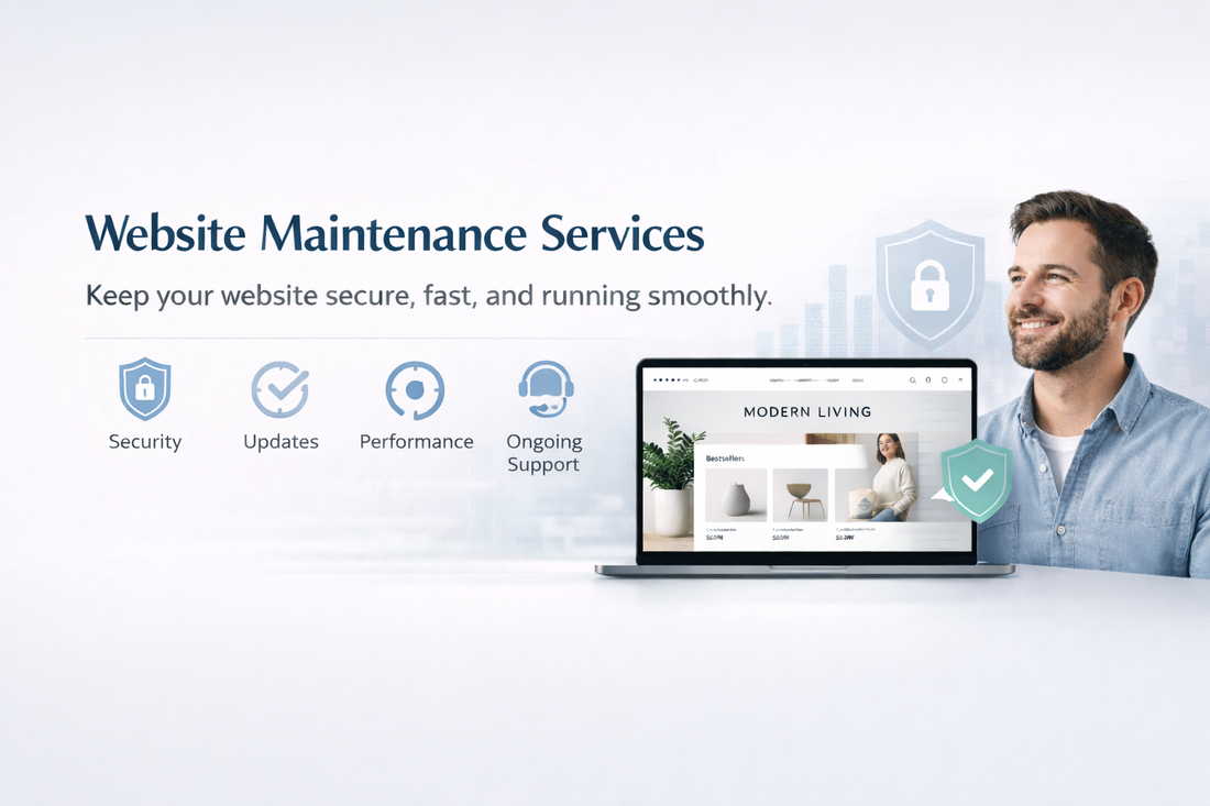 Website maintenance services banner featuring professional support for website security, updates, performance optimisation, and ongoing care