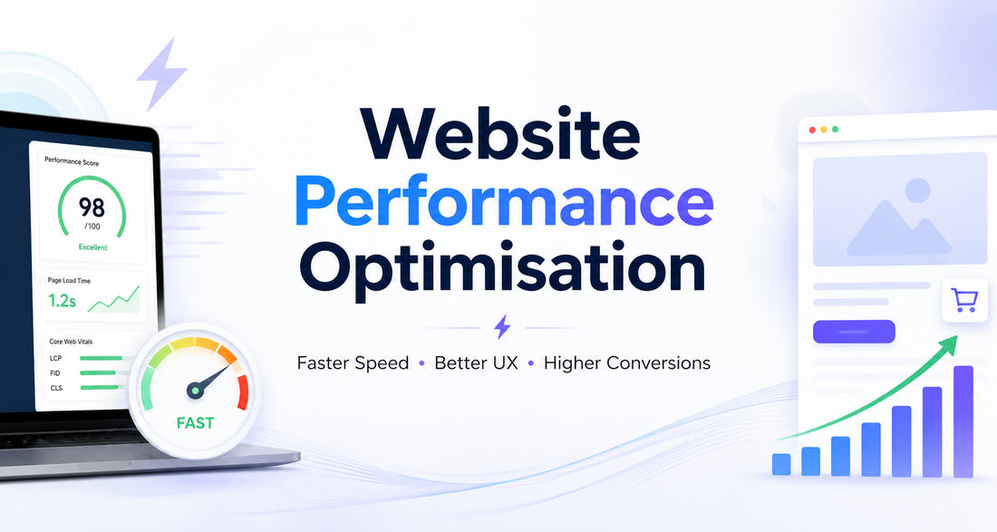 Website Performance Optimisation banner showing fast loading speed, analytics dashboard, improved UX and rising conversion graph
