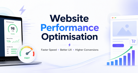 Website Performance Optimisation banner showing fast loading speed, analytics dashboard, improved UX and rising conversion graph