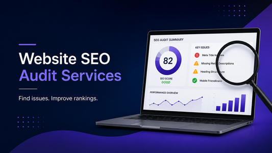 Website SEO Audit Services banner showing a laptop with SEO score, key issues and performance charts.