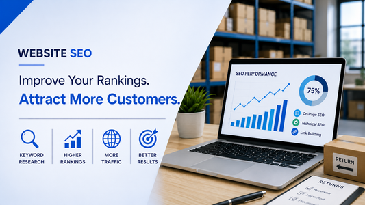 Website SEO banner showing laptop performance dashboard with text Improve Your Rankings and Attract More Customers