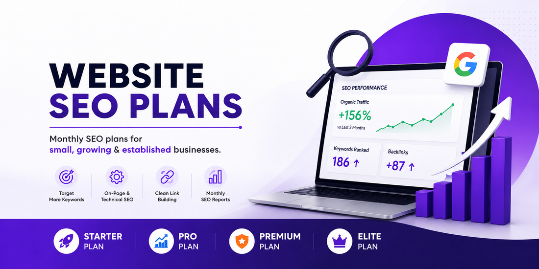 Website SEO Plans banner showing SEO performance dashboard, keyword growth, clean link building and monthly SEO packages for small and growing businesses.