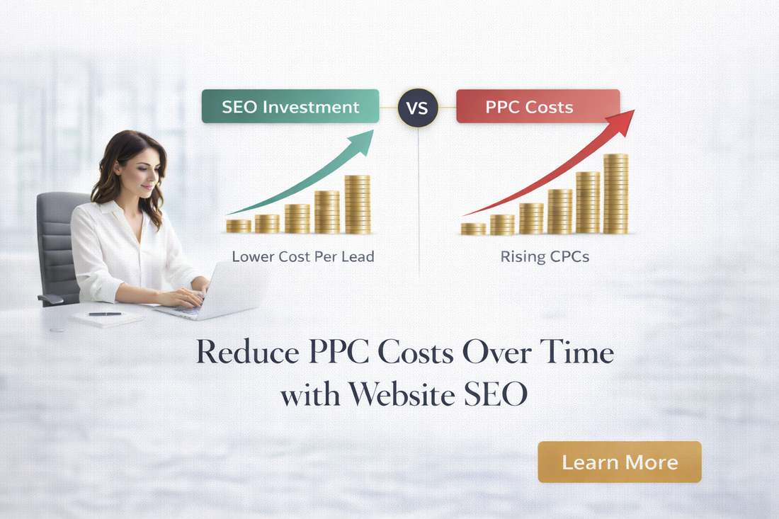 White background banner showing SEO vs PPC cost comparison with a professional woman working on a laptop, highlighting reduced PPC costs over time through website SEO investment.