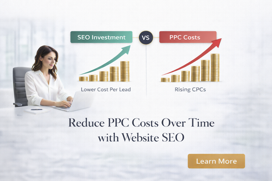 White background banner showing SEO vs PPC cost comparison with a professional woman working on a laptop, highlighting reduced PPC costs over time through website SEO investment.