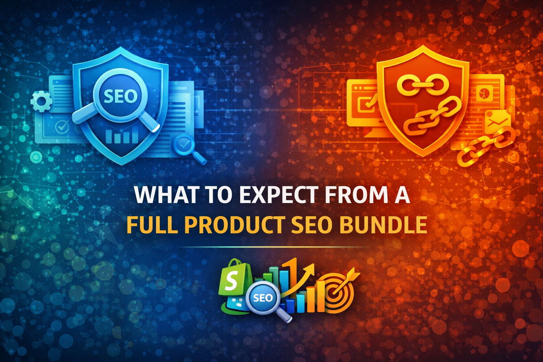 What to expect from a full Product SEO bundle banner with centred bold text and clean modern gradient design