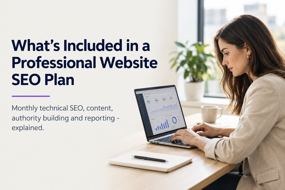 What's included in a professional website SEO plan - monthly technical SEO, content, authority building and reporting explained, from Savlo.