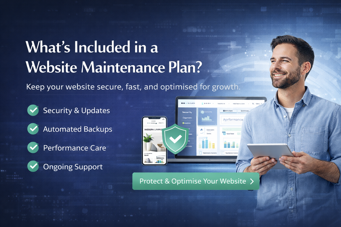 Website maintenance plan banner showing security updates, automated backups, performance care, and ongoing website support