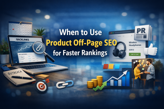 Product off-page SEO banner showing backlink building, ecommerce SEO strategy, and product ranking optimisation for faster Google rankings
