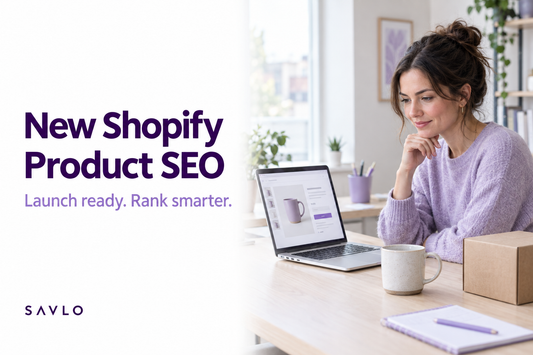 Woman reviewing a mug product listing on a laptop, with a mug and packaging box beside her and “New Shopify Product SEO” text on a white background.