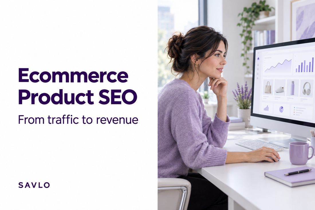 Woman reviewing ecommerce charts and product thumbnails on a monitor beside “Ecommerce Product SEO” text on a white background.
