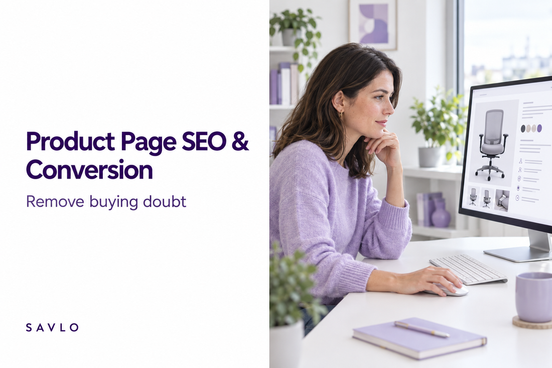 Woman reviewing an office chair product page beside “Product Page SEO & Conversion” text on a white background.
