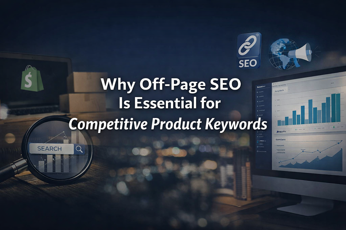 Why Off-Page SEO Is Essential for Competitive Product Keywords – ecommerce SEO strategy showing backlinks, analytics growth and Shopify store optimisation.