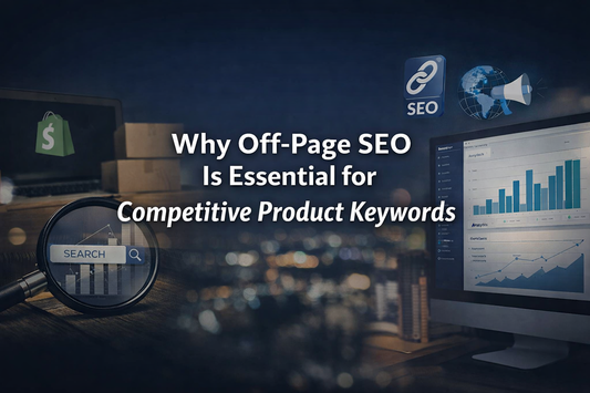 Why Off-Page SEO Is Essential for Competitive Product Keywords – ecommerce SEO strategy showing backlinks, analytics growth and Shopify store optimisation.