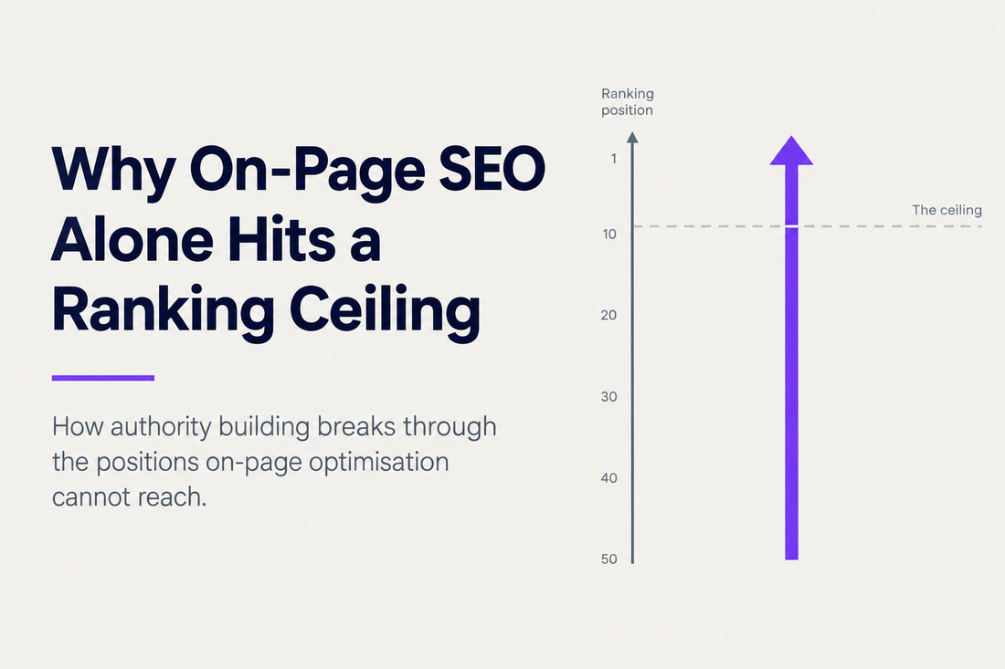 Why on-page SEO alone hits a ranking ceiling in competitive categories - how authority building breaks through the positions on-page optimisation cannot reach, from Savlo.