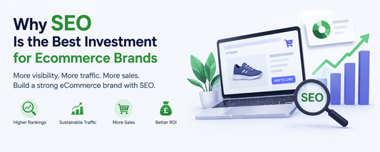 SEO investment banner for ecommerce brands with Shopify-style online store, growth charts, and search optimisation graphics