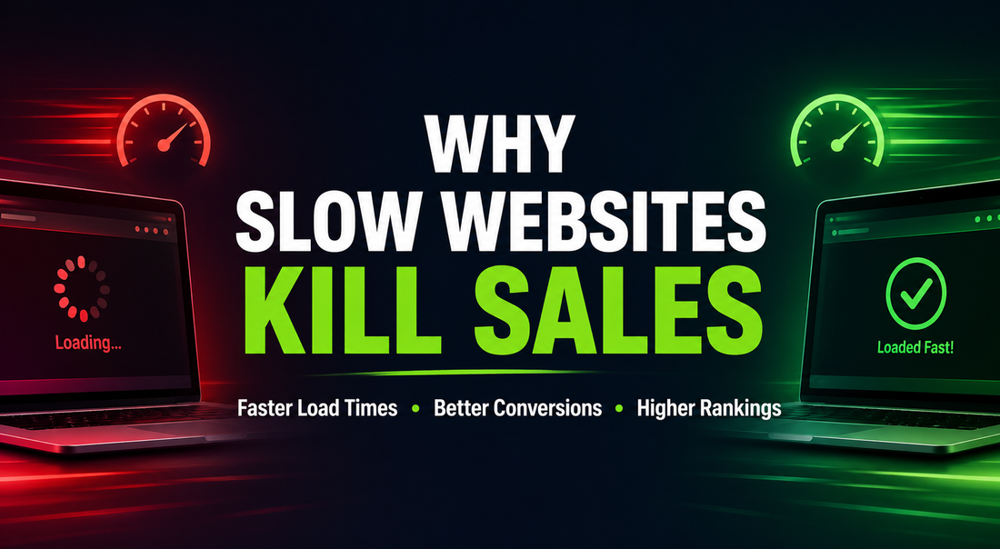Why slow websites kill sales banner showing fast vs slow loading performance with conversion-focused messaging