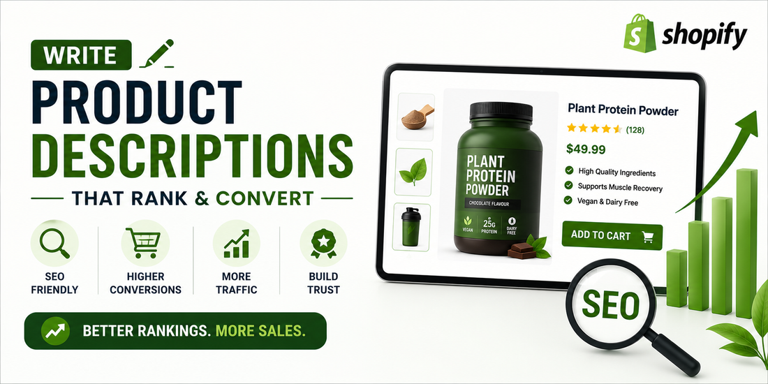 Minimal ecommerce SEO banner featuring a Shopify product page, SEO growth arrow, product content icon, and clean green-and-white design focused on writing product descriptions that improve Google rankings and increase sales.