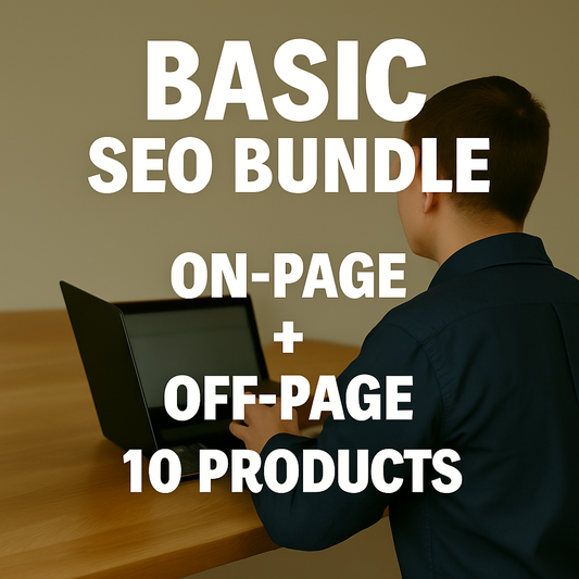 Person using a laptop with text overlay about a Basic SEO Bundle onpage and offpage for 10 products.