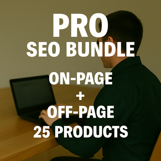 Person using a laptop with text overlay about a Pro SEO Bundle on page and off page 25 products