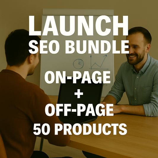 Two men sitting at a table with text overlay about a 'Launch SEO Bundle' on-page and off-page 50 products.