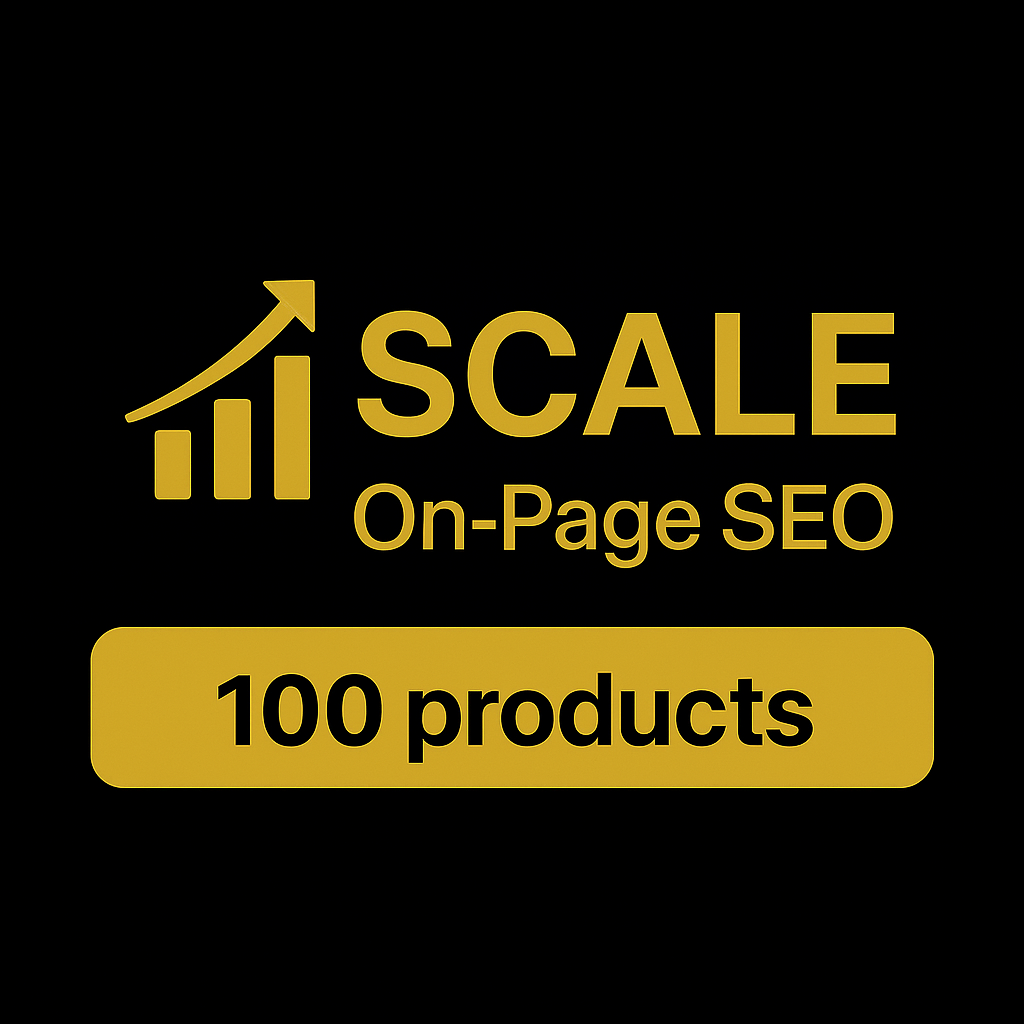 Gold 'SCALE On-Page SEO' logo with a bar graph icon on a black background, indicating 100 products.