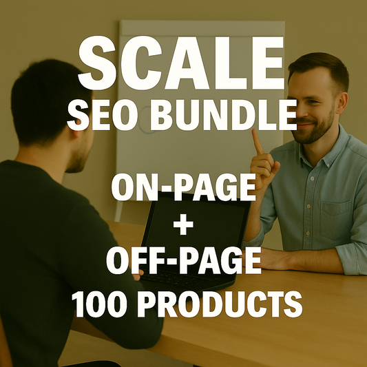 Two men sitting at a table with text overlay about SEO on-page and off-page bundle for 100 products.