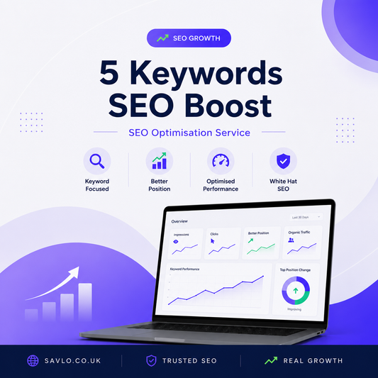5 Keywords SEO Optimisation Service banner showing top five keyword rankings, SEO dashboard and steady traffic growth