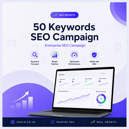 50 Keywords SEO Campaign banner showing enterprise SEO keyword campaign, top 50 rankings and organic traffic growth