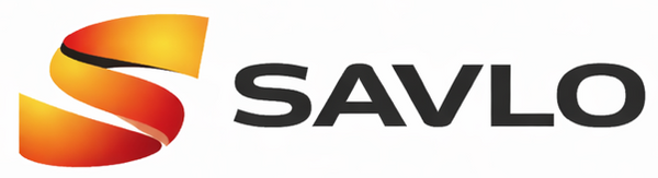 SAVLO logo featuring a bold stylized S icon in orange and yellow gradient with black text on a white background