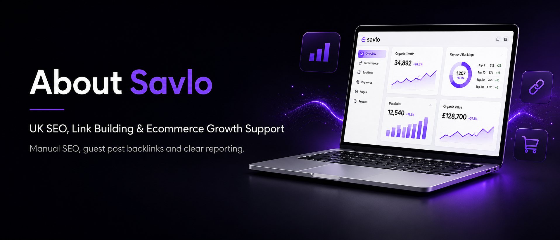 About Savlo hero banner showing UK SEO, link building and ecommerce growth support with manual SEO, guest post backlinks and clear reporting.