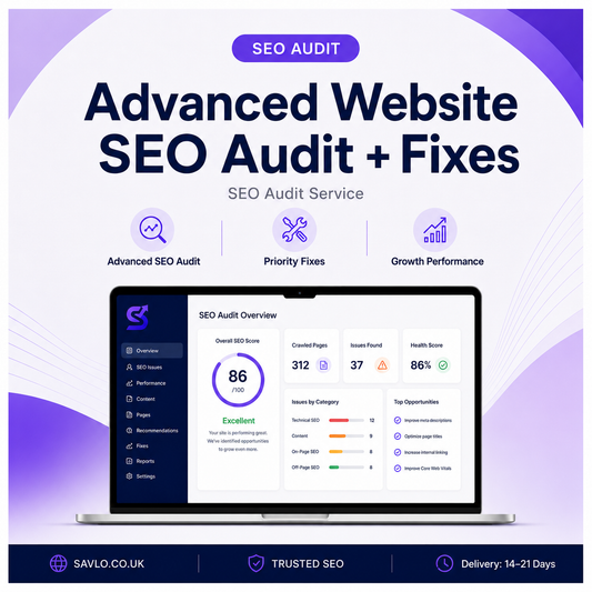 Advanced Website SEO Audit and Fixes banner showing advanced SEO audit dashboard, priority fixes, growth performance and trusted SEO support