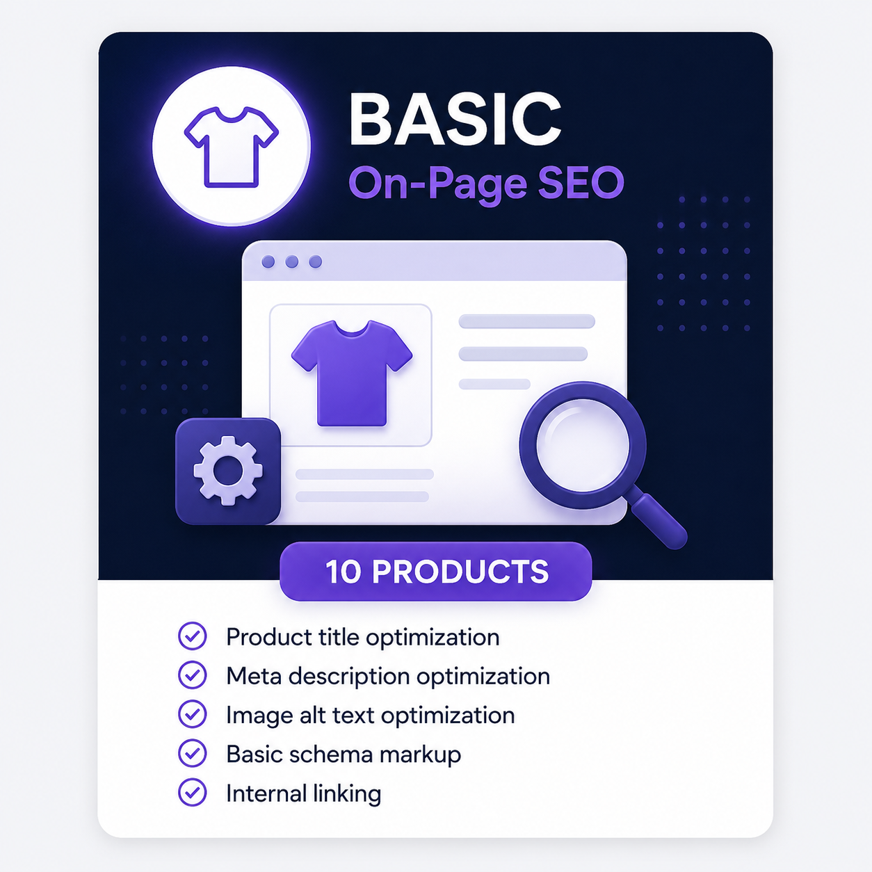 Basic On-Page SEO plan for 10 products with clean product optimisation graphic