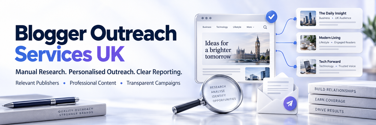 Blogger outreach services UK with manual publisher research, personalised outreach, professional content and transparent reporting