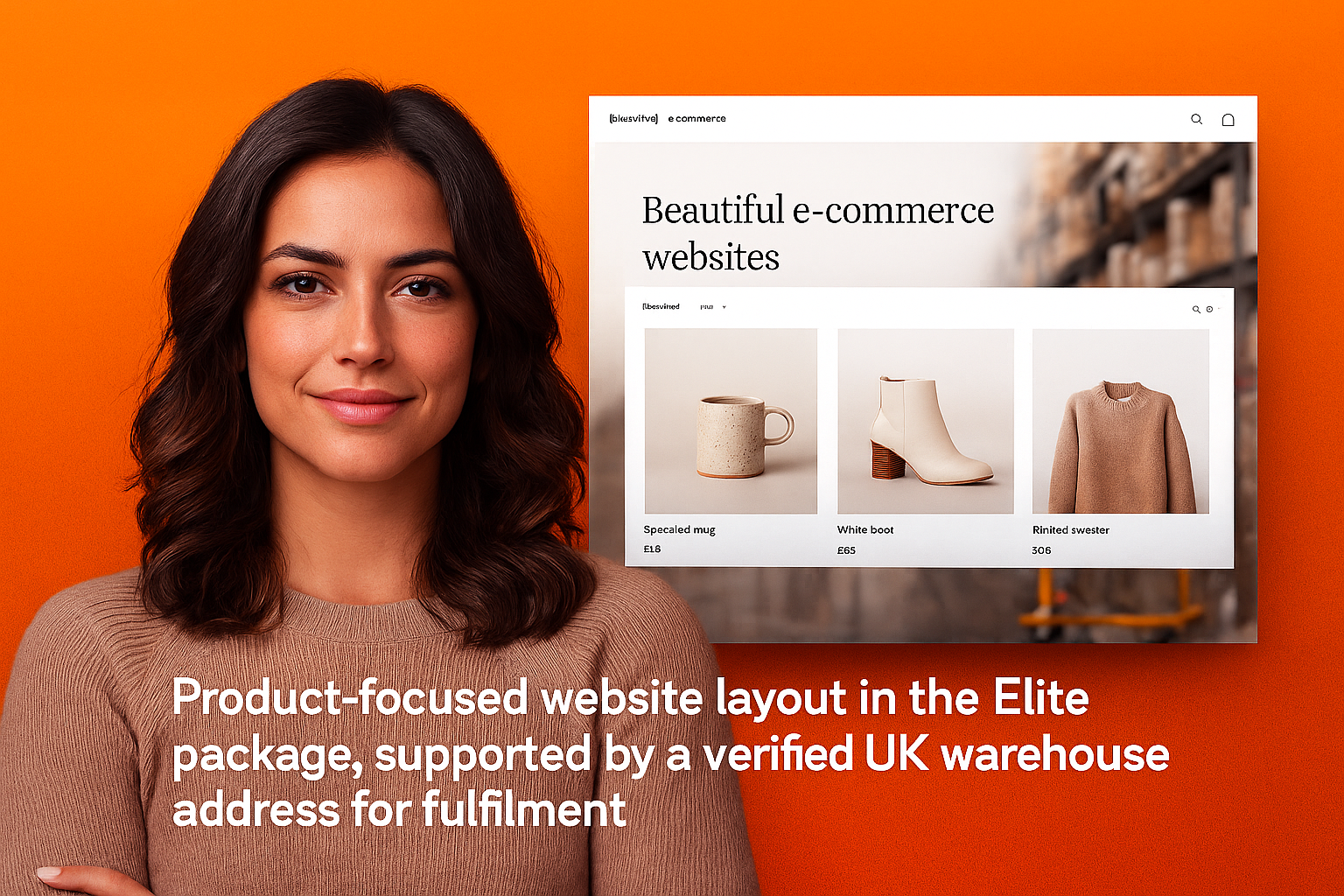 Product-focused website layout in the Elite package, supported by a verified UK warehouse address for fulfillment.