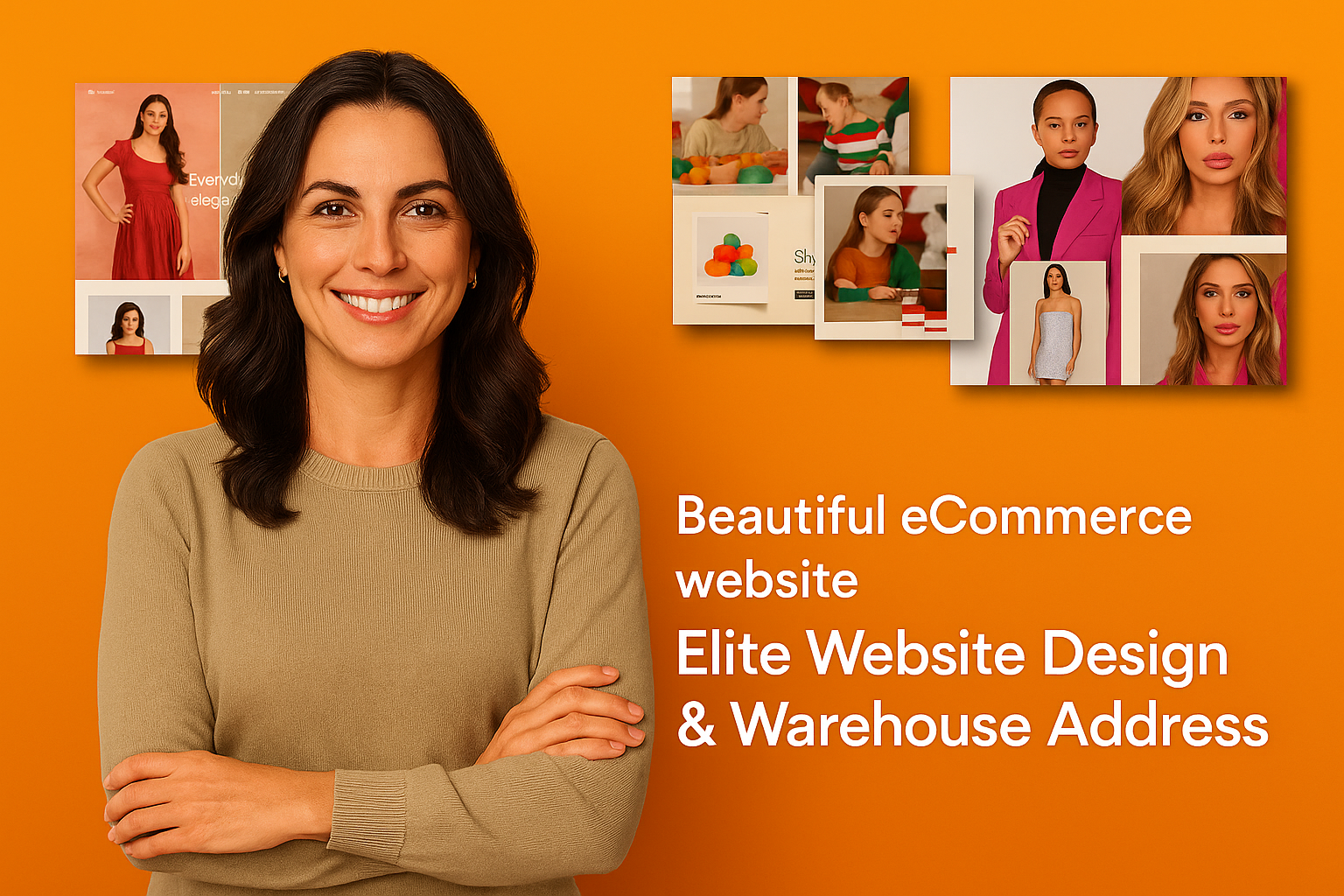 Elite Website Design Package featuring a custom homepage layout with integrated UK warehouse address for eCommerce credibility.