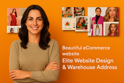 Elite Website Design Package featuring a custom homepage layout with integrated UK warehouse address for eCommerce credibility.