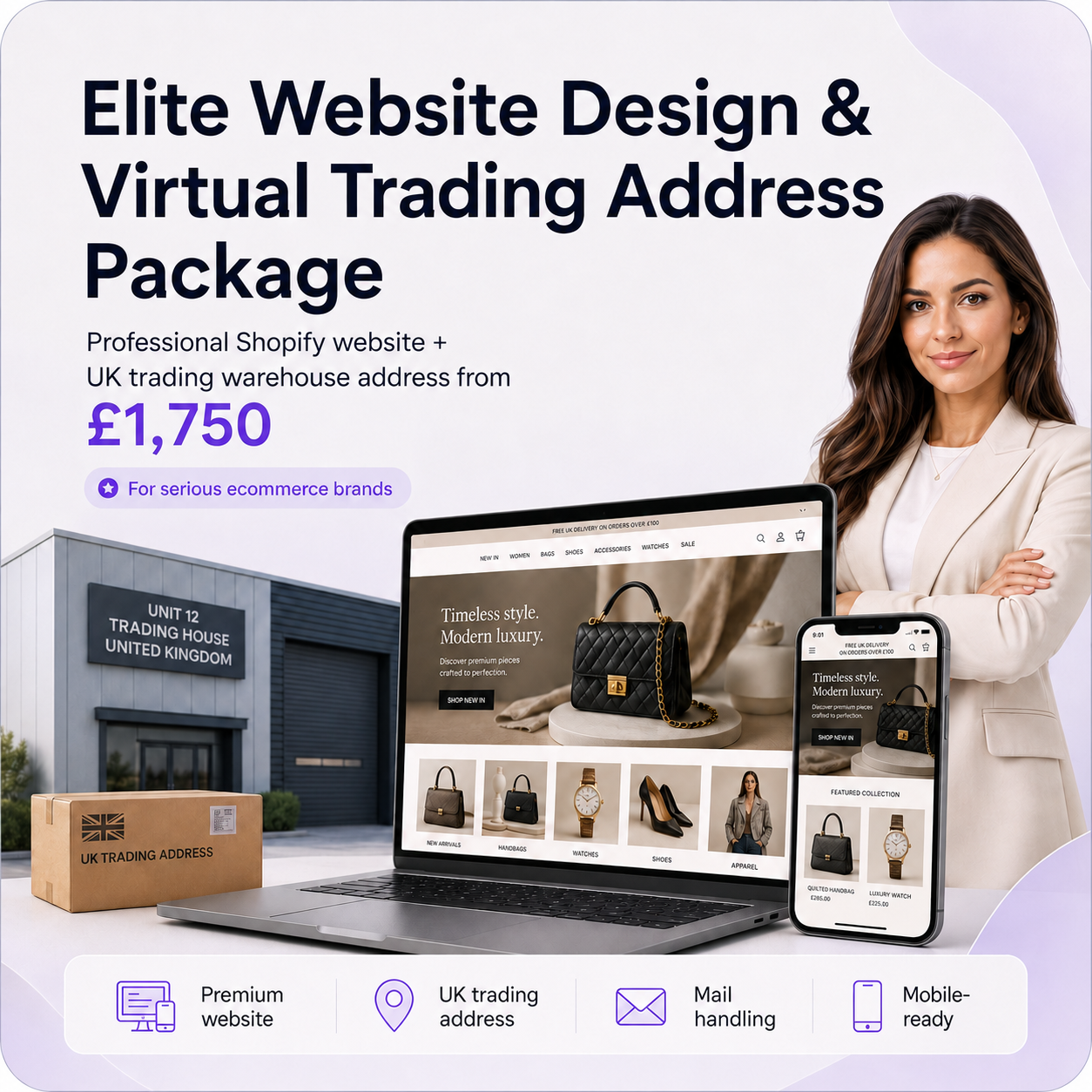 Elite website design and virtual trading address package with responsive Shopify fashion store mockups and UK warehouse address