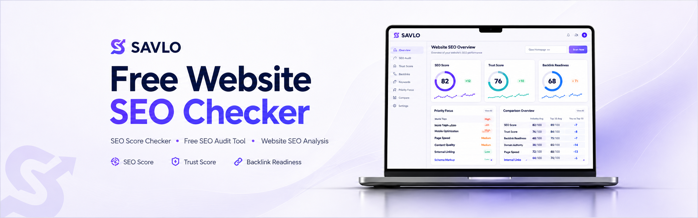 Free website SEO checker dashboard showing SEO score, trust score, backlink readiness and website SEO analysis