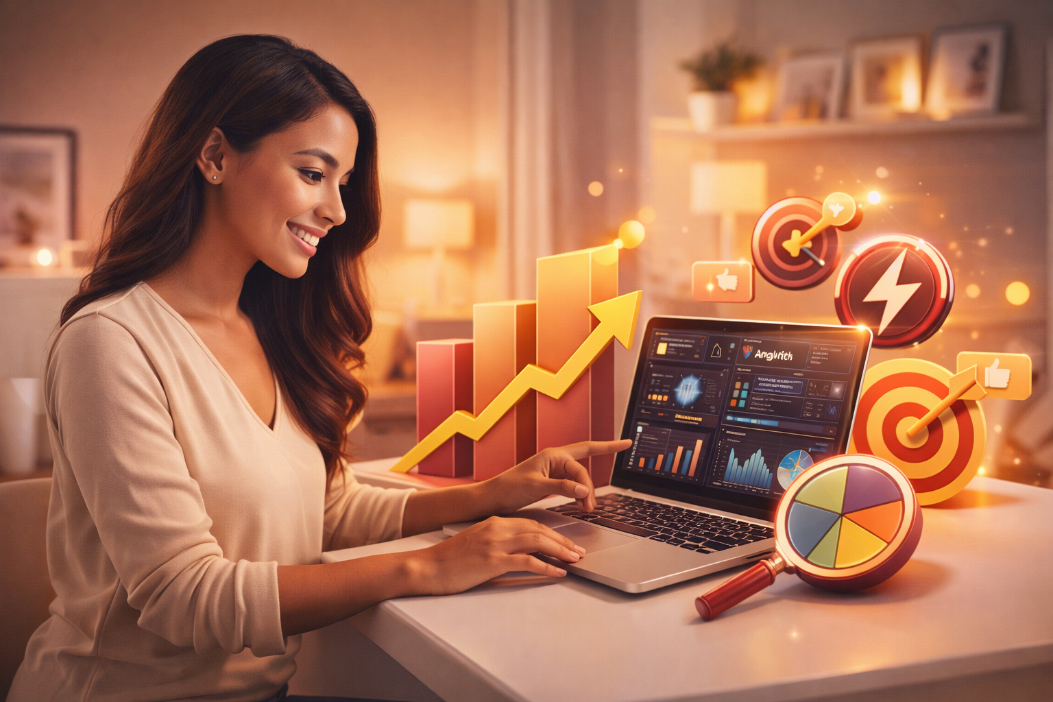 Professional growth services banner showing a business specialist analysing website performance metrics, conversion data, and growth analytics on a laptop in a modern workspace.