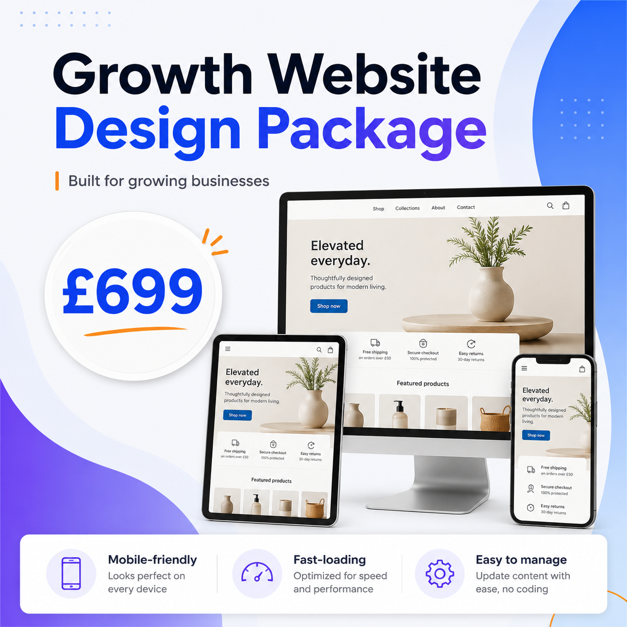 Growth website design package for growing businesses with desktop tablet and mobile Shopify website design from £699