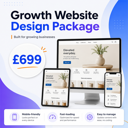 Growth website design package for growing businesses with desktop tablet and mobile Shopify website design from £699