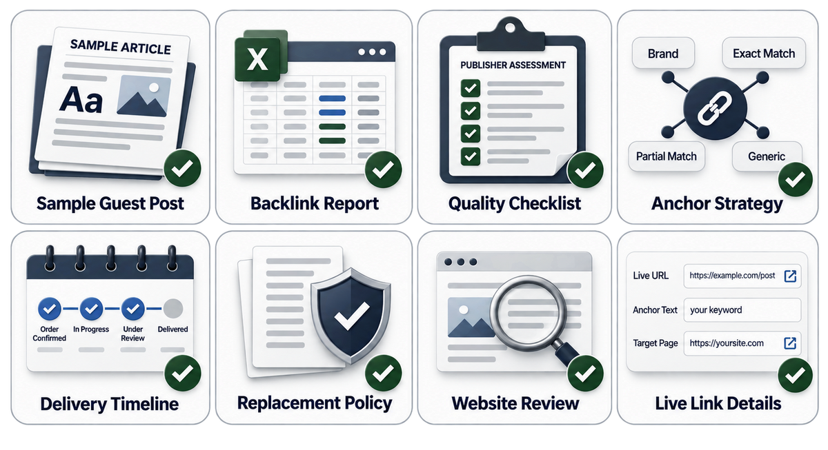 Guest-post package deliverables including a sample article, backlink report, quality checklist, anchor strategy, timeline and live-link details