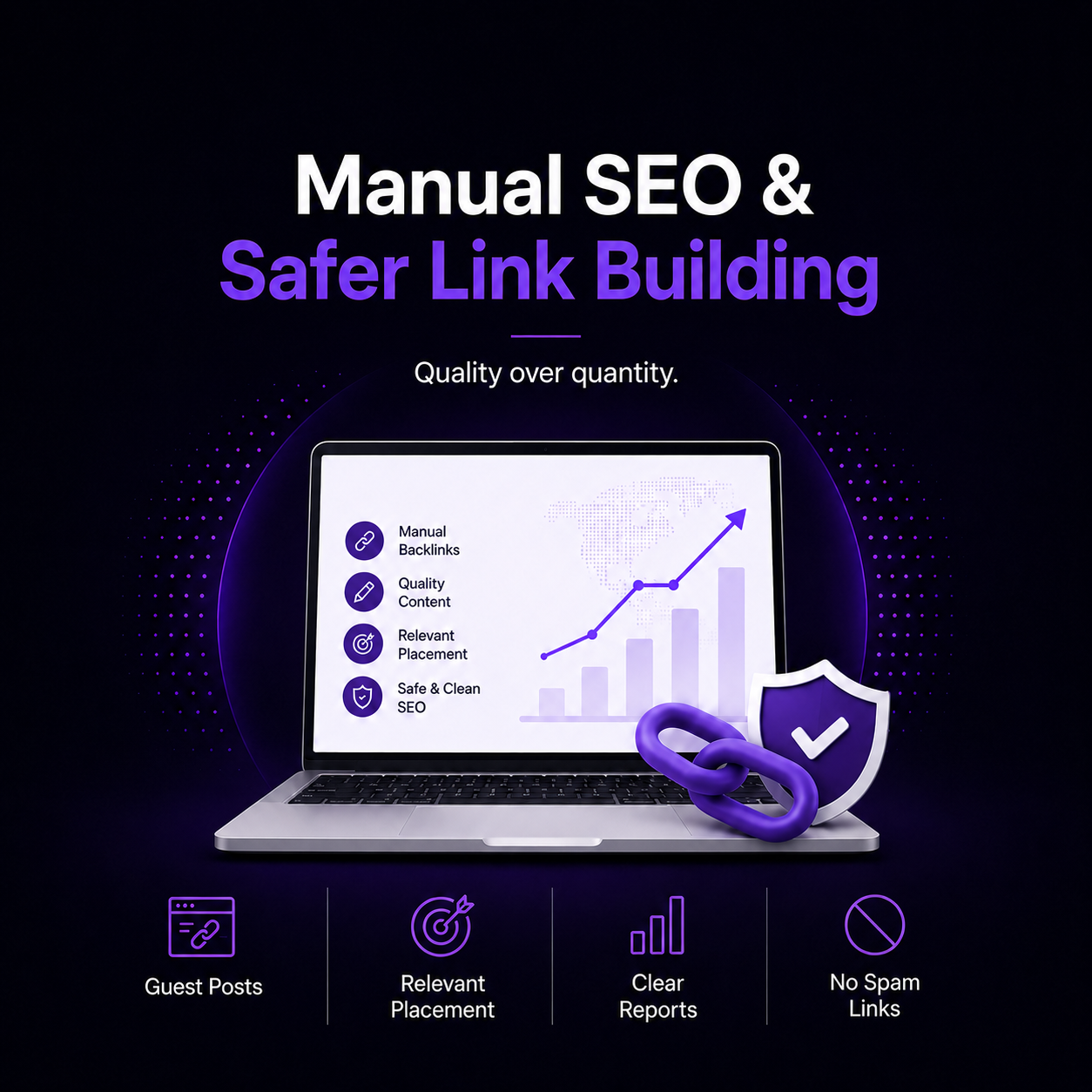 Manual SEO and safer link building banner for Savlo showing guest post backlinks, quality content, relevant placements, live URL reports and no spam shortcuts.