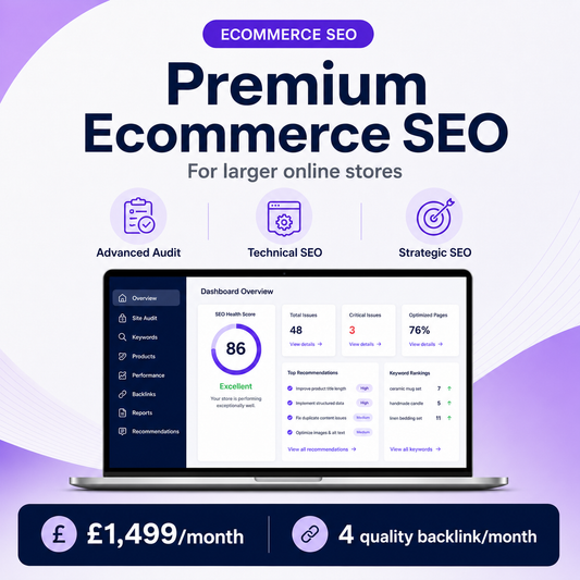 Premium Ecommerce SEO plan with advanced audit, technical SEO, strategic SEO, four quality backlinks per month and £1,499 monthly pricing